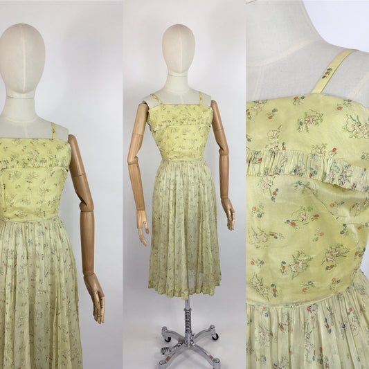 Original 1930s Sundress - In an Amazing Novelty Print Featuring Leaping Lambs and Toadstools On a Pale Lemon Cotton Lawn