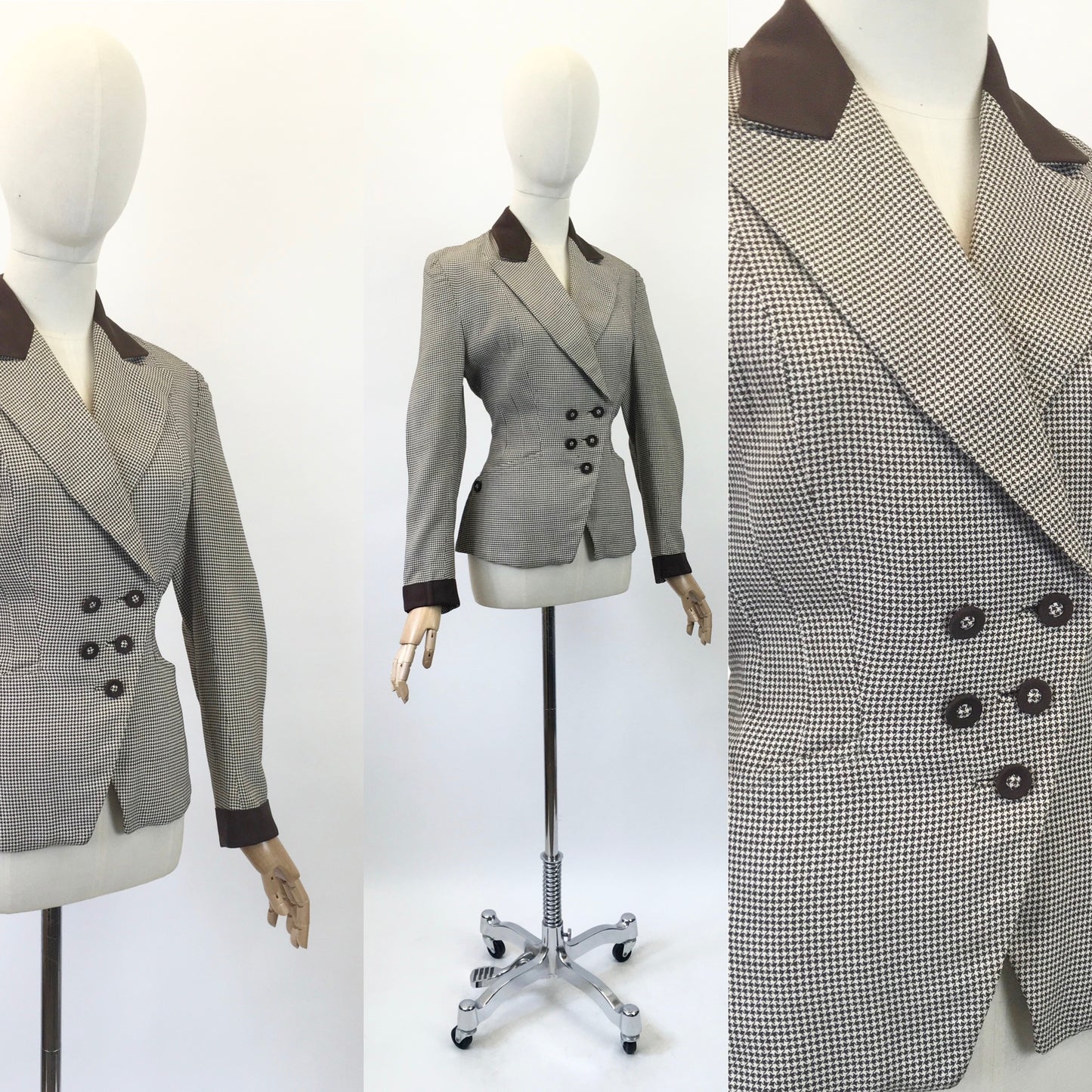 Original 1940's Stunning Asymmetric Jacket - In A Coffee And Cream Houndstooth