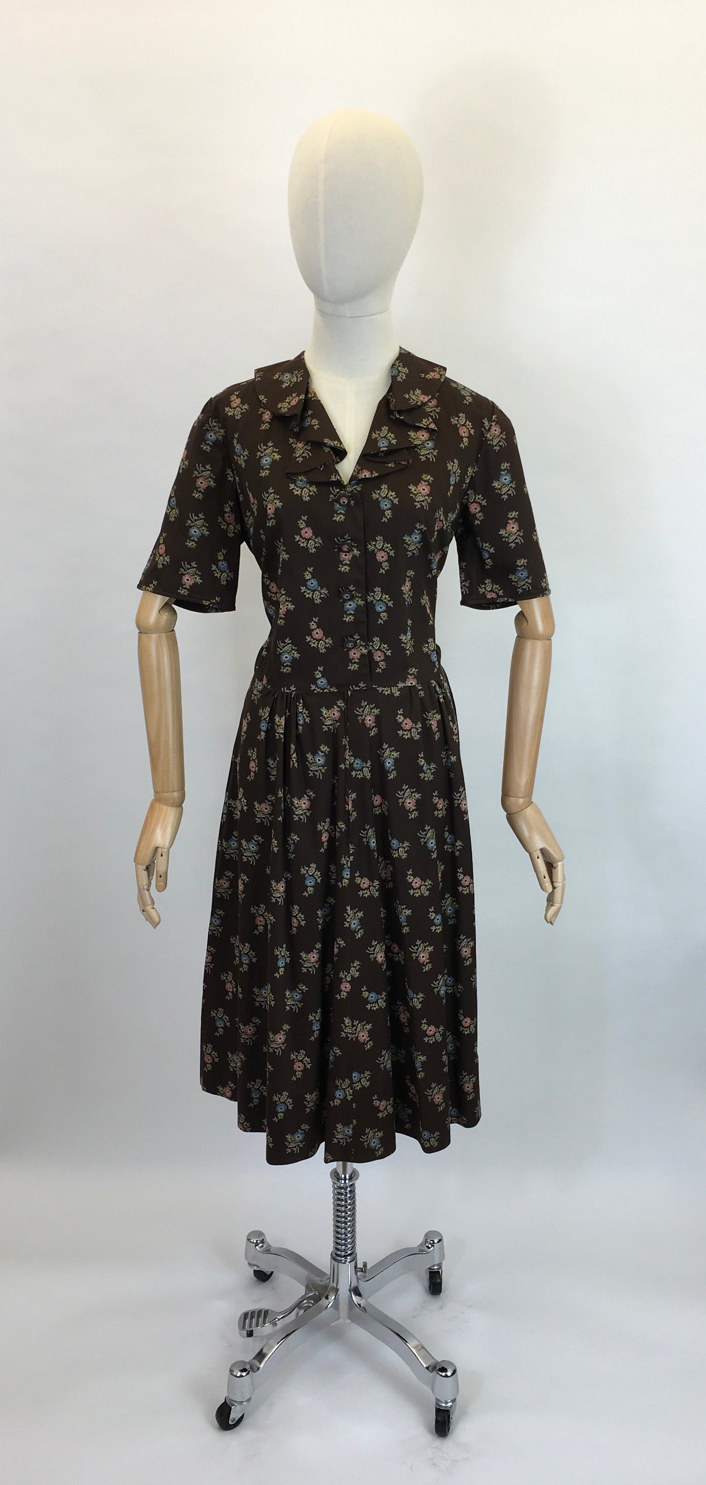 Original 1950’s Cute Floral Handmade Dress - Lovely Warm Brown, Terracotta, Blue and Greens