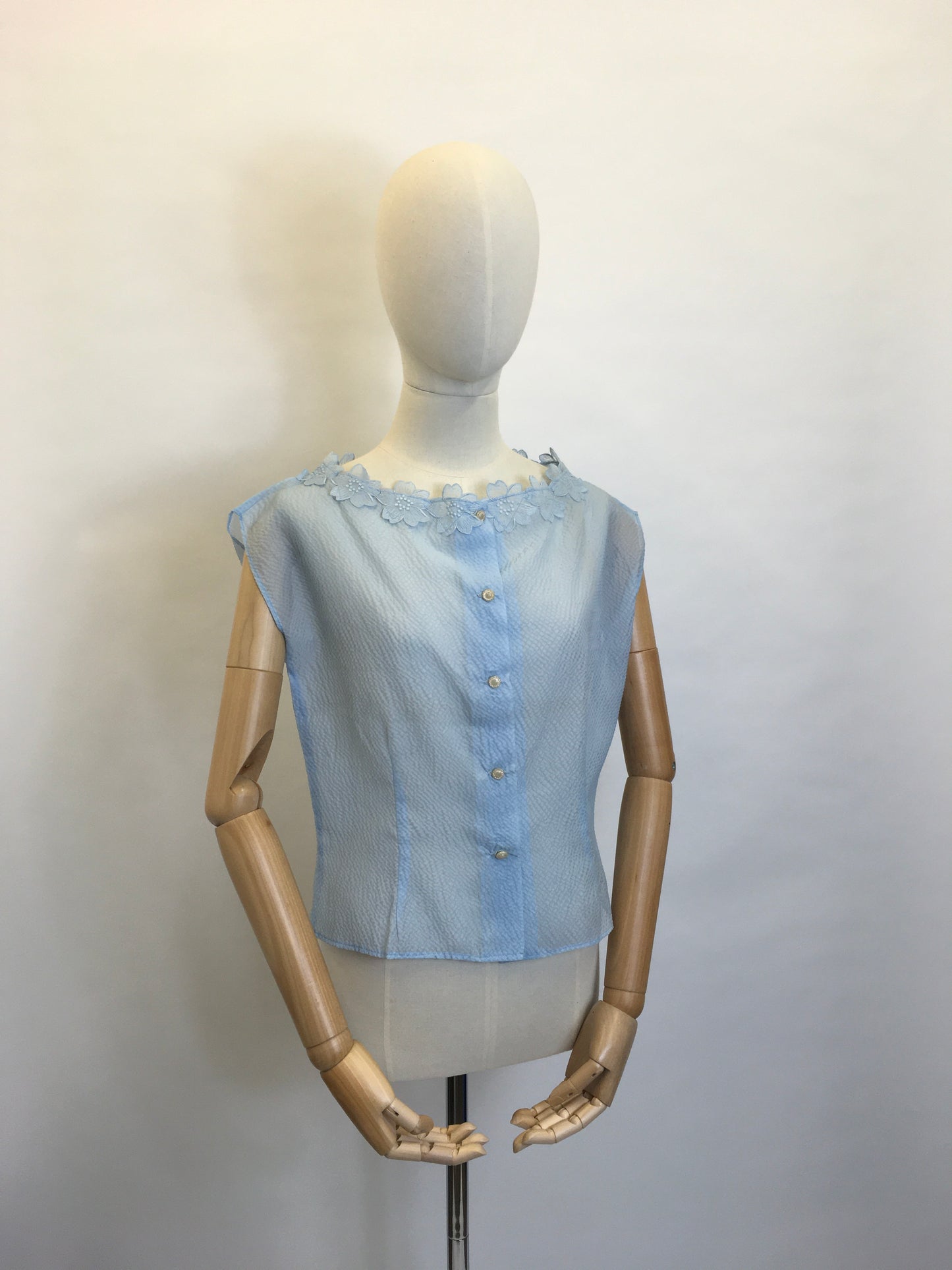 Original 1950’s Sheer Blouse in a lovely Powder Blue - Featuring Floral Detailing to the Neckline