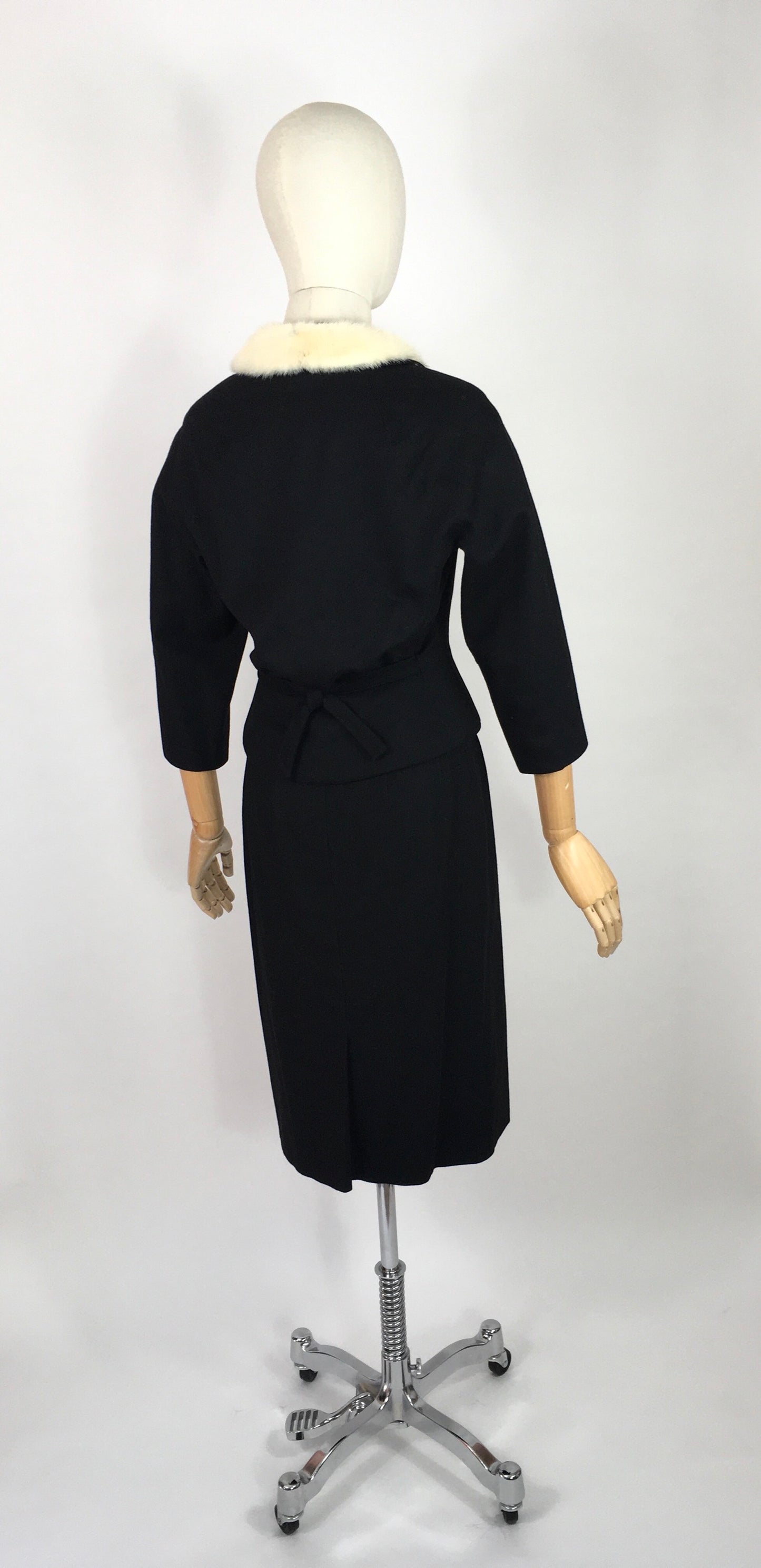 Original Early 1950s 2pc Suit with an Amazing Silhouette  - In a Lovely Black Wool with Contrast White Mink Fur Trim