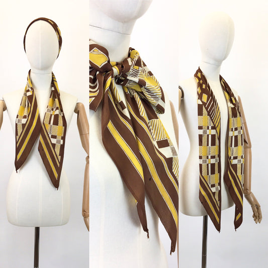 Original 1930’s Rayon Deco Pointed Scarf - In Mustards, Ivory and Warm Brown