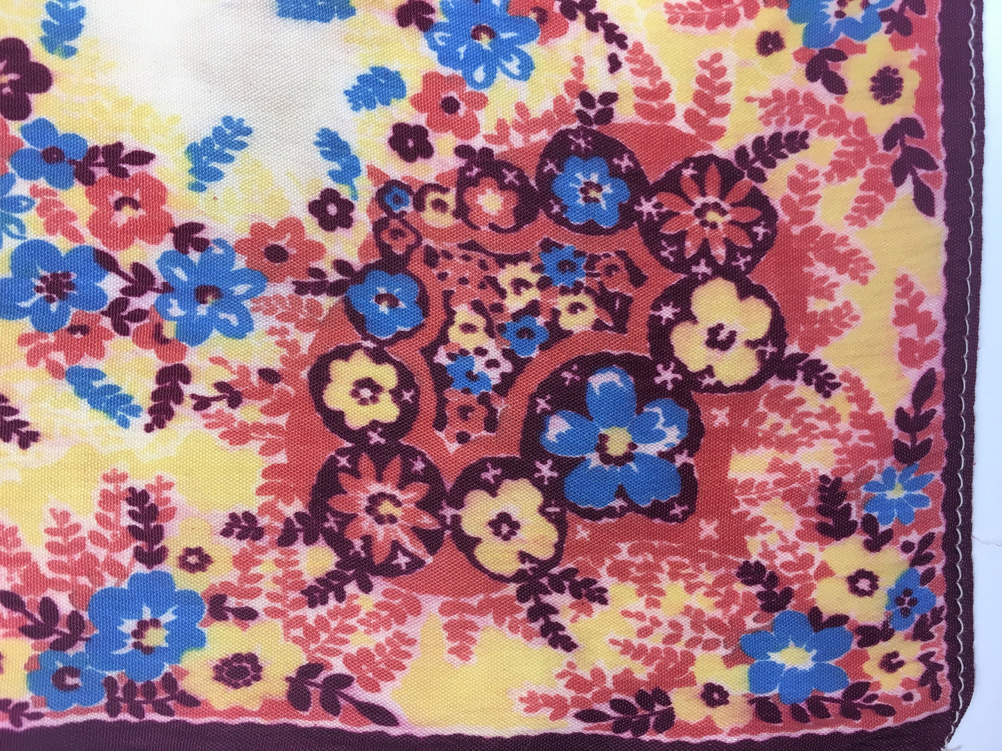 Original 1940’s / 1950’s Rayon Hankie -  In A Lovely Floral In Burgundy, Oranges, Blues and Yellows