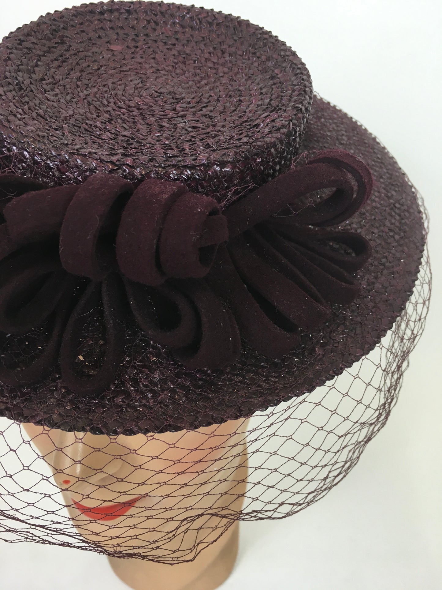 Original 1940's Darling Raffia Tilt Hat with Felt Adornment & Veiling - In Winter Berry