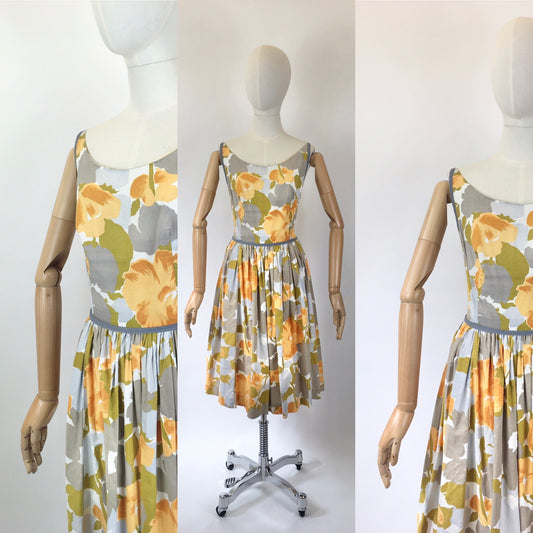 Original 1950's Darling Strappy Cotton Sun Dress - In Chartreuse, Grey, Taupe, Orange & white