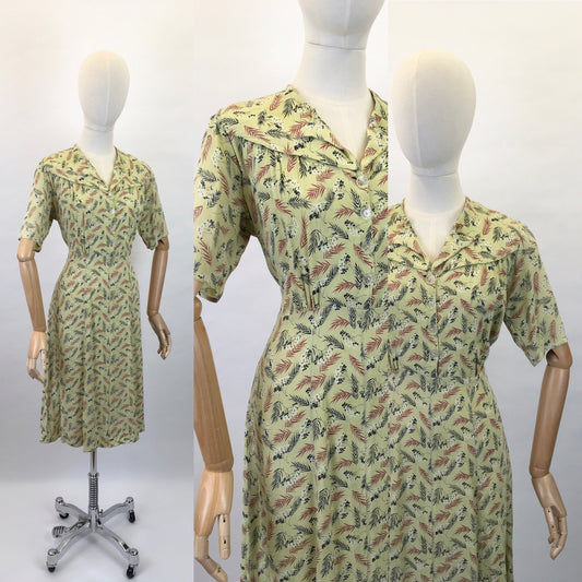 Original 1940s Day Dress - In a Lovely Chartreuse Crepe with Wheat / Leaf Print In Charcoal, Rust and White