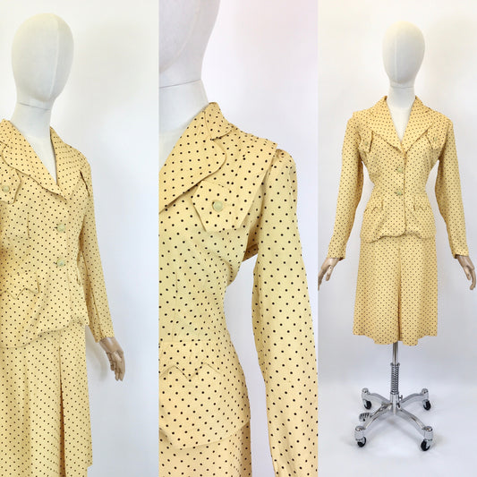 Original 1940's Sublime 2pc Summer Suit by ' New York Creations' - In A Primrose Yellow & Warm Brown Polka Dot