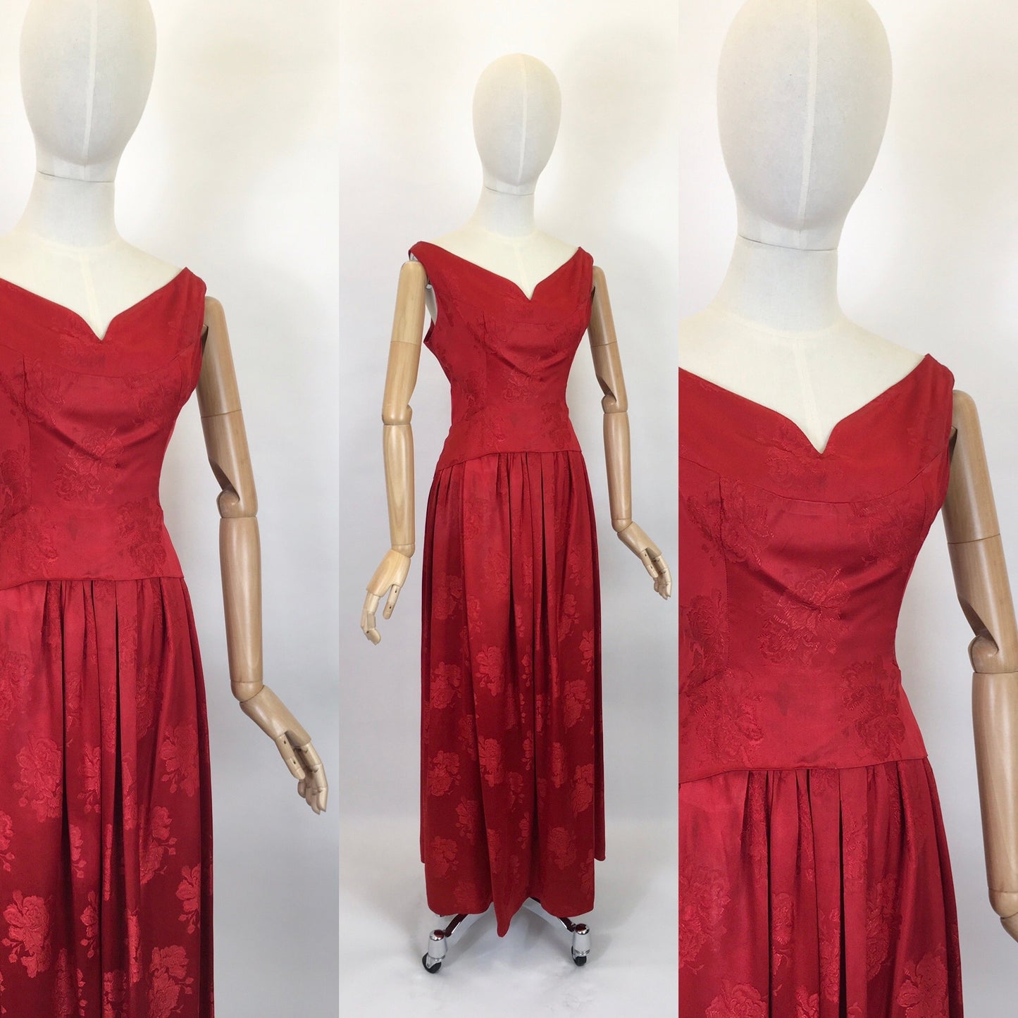 Original Late 1940’s Evening Dress - In A Lipstick Red Silk Floral Brocade