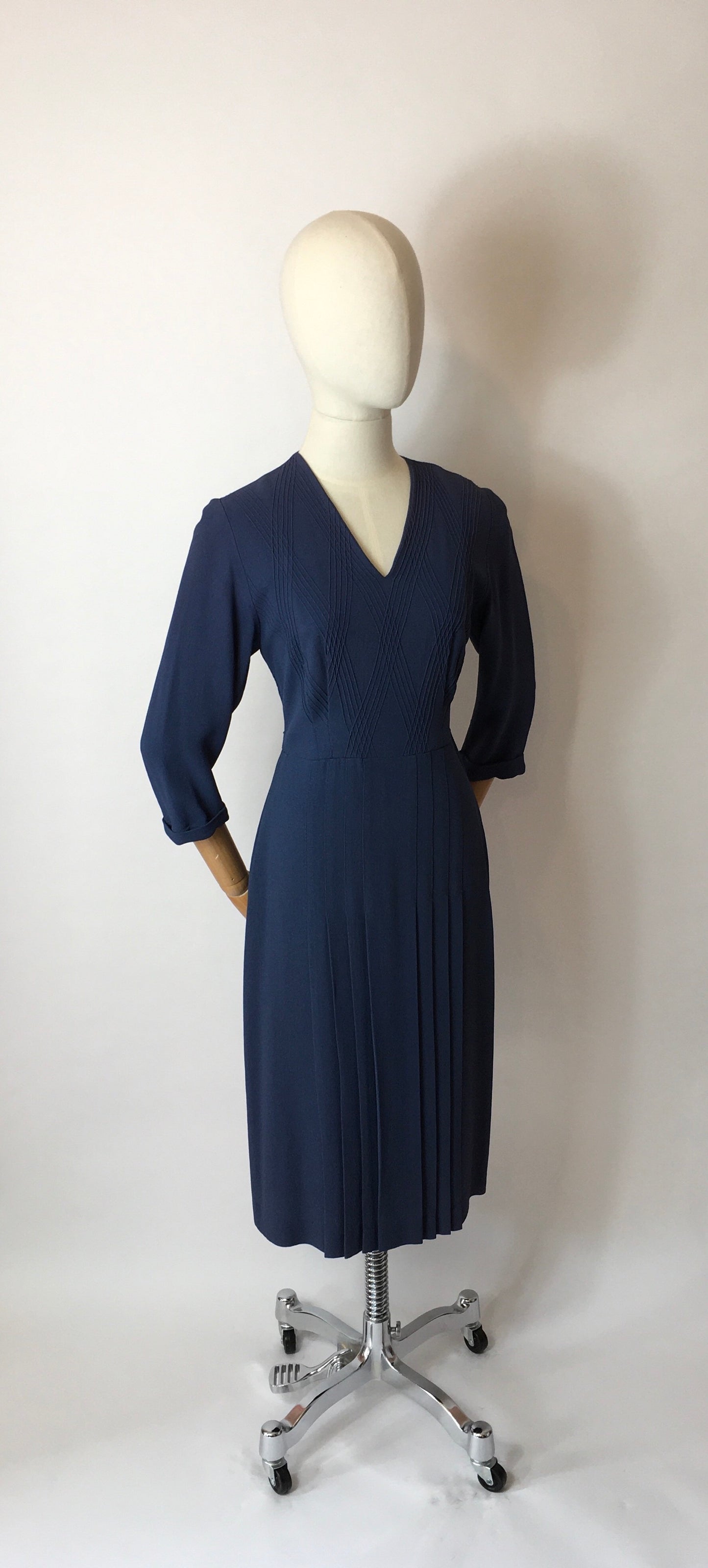 Original 1940’s Airforce Blue Crepe Day Dress - Lovely Criss Cross Detailing to the Bodice