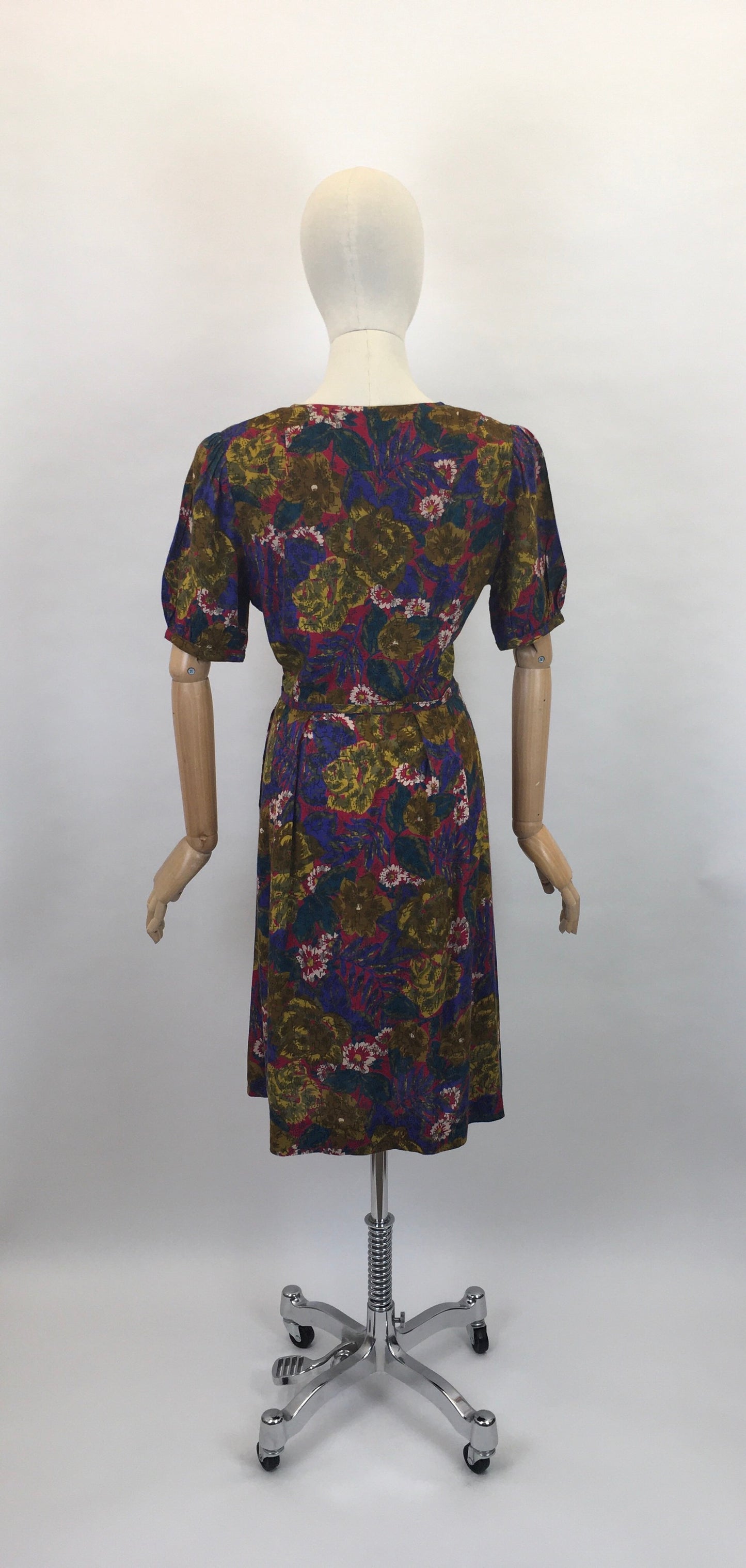 Original 1940s Beautiful Day Dress - In a Lovely Floral in Deep Reds,Mustards, Rich Purples and Stencilled Blacks