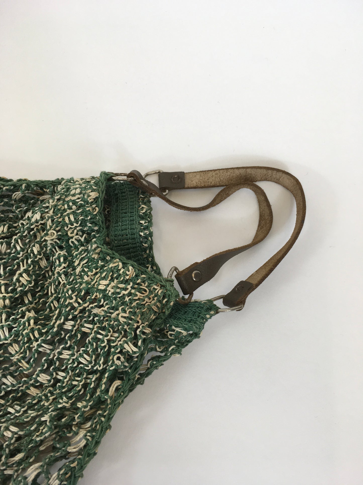 Original 1930’s / 1940’s String Bag with Leather Handles - In Green & White