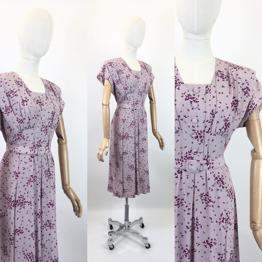 Original 1940's Darling Crepe Dress - In A Delicate Lilac with Berry Coloured Print