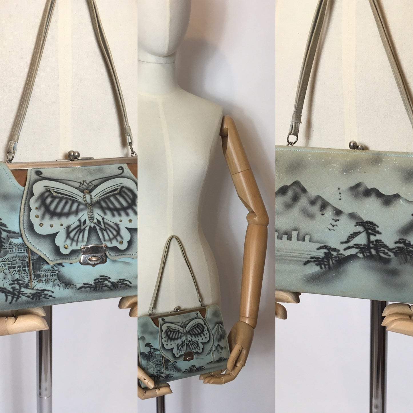 Original 1930’s Powder Blue Tourist Bag with images of Mountains and Temples  - Festival of Vintage Fashion Show Exclusive