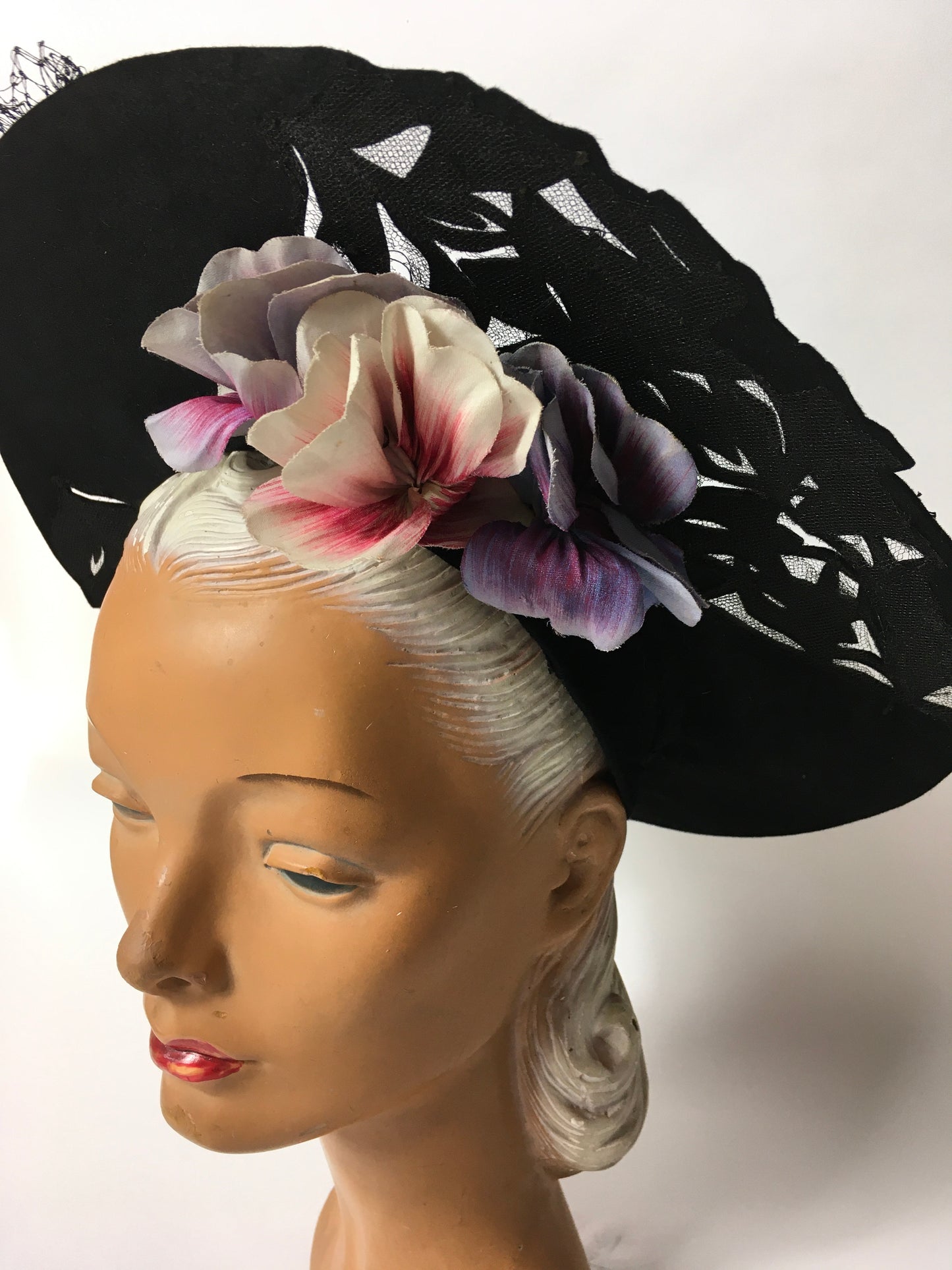 Original 1940’s Black Halo Hat - Illusion cutwork detailing and Floral Adornment