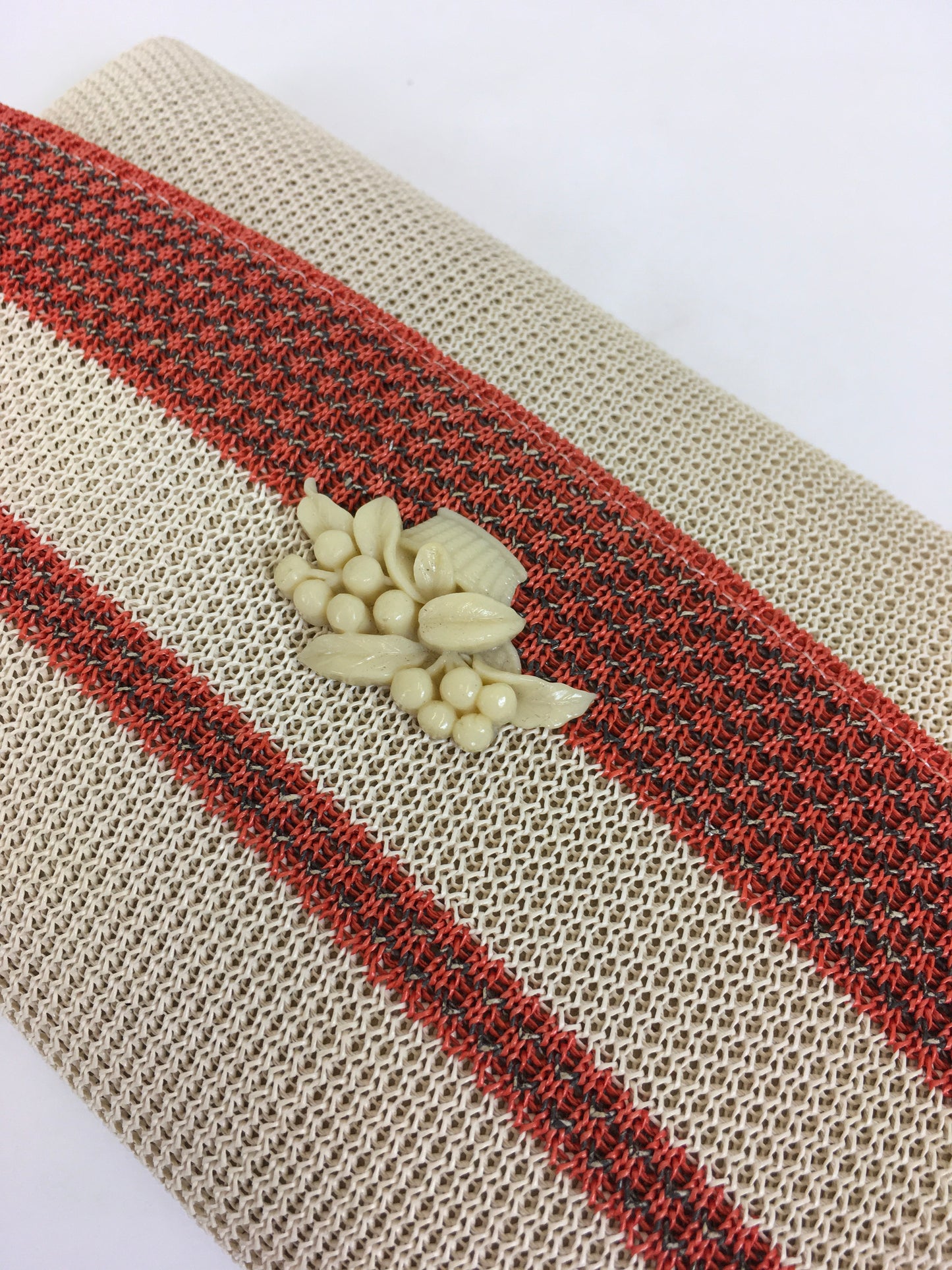 Original 1930's Sensational Fabric Clutch Bag in Orange & Cream - With Celluloid Floral Basket Adornment