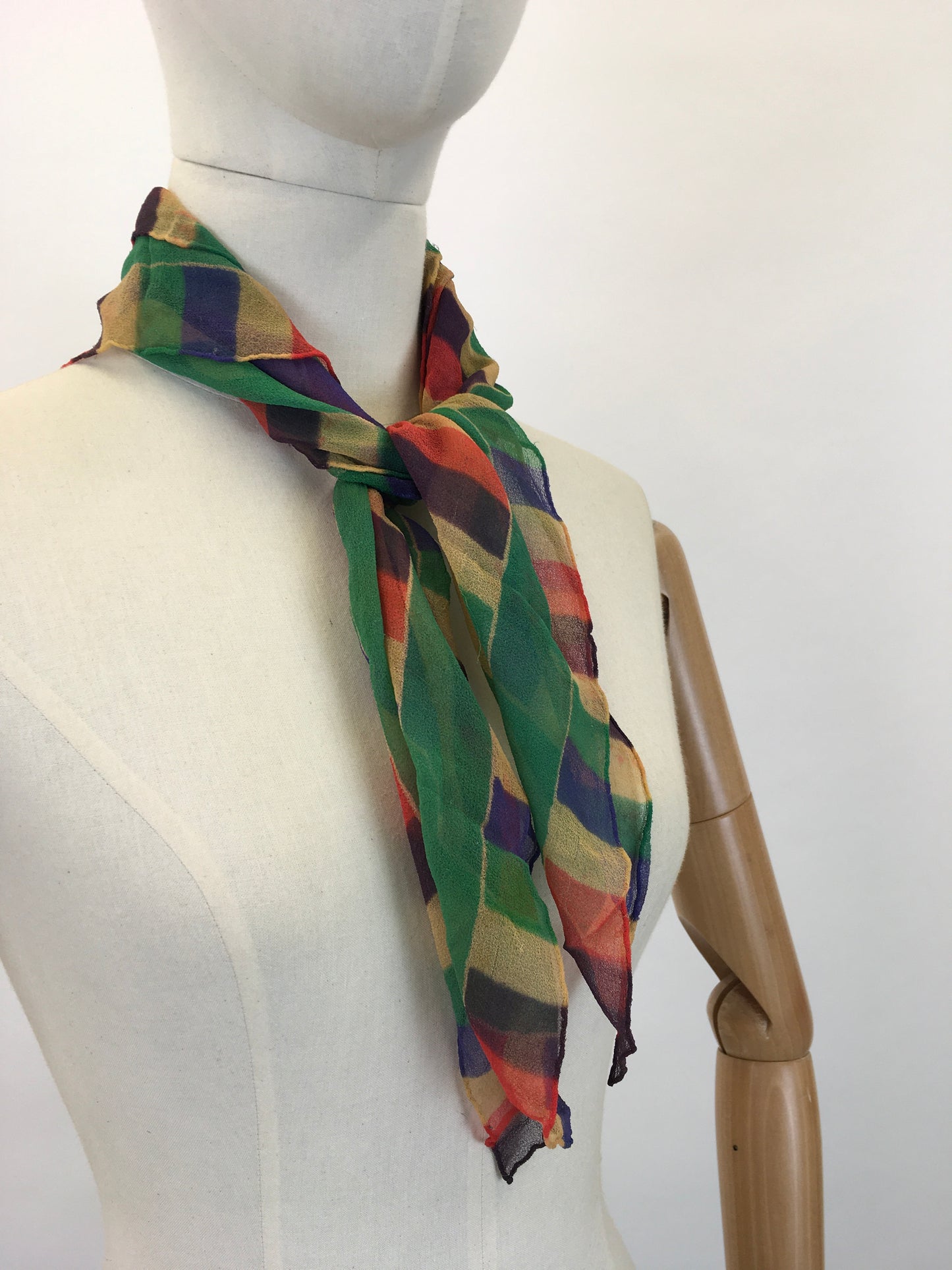 Original 1930's Exquisite Rainbow Chiffon Scarf - In Autumnal Brights of Burnt Orange, Green, Yellow and Blue