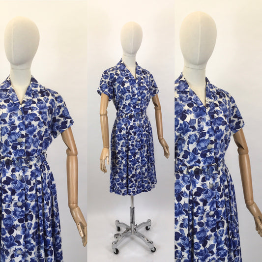 Original 1950’s Cute ‘ St.Michael ‘ Day Dress - In A Lovely Blue & White Floral Cotton