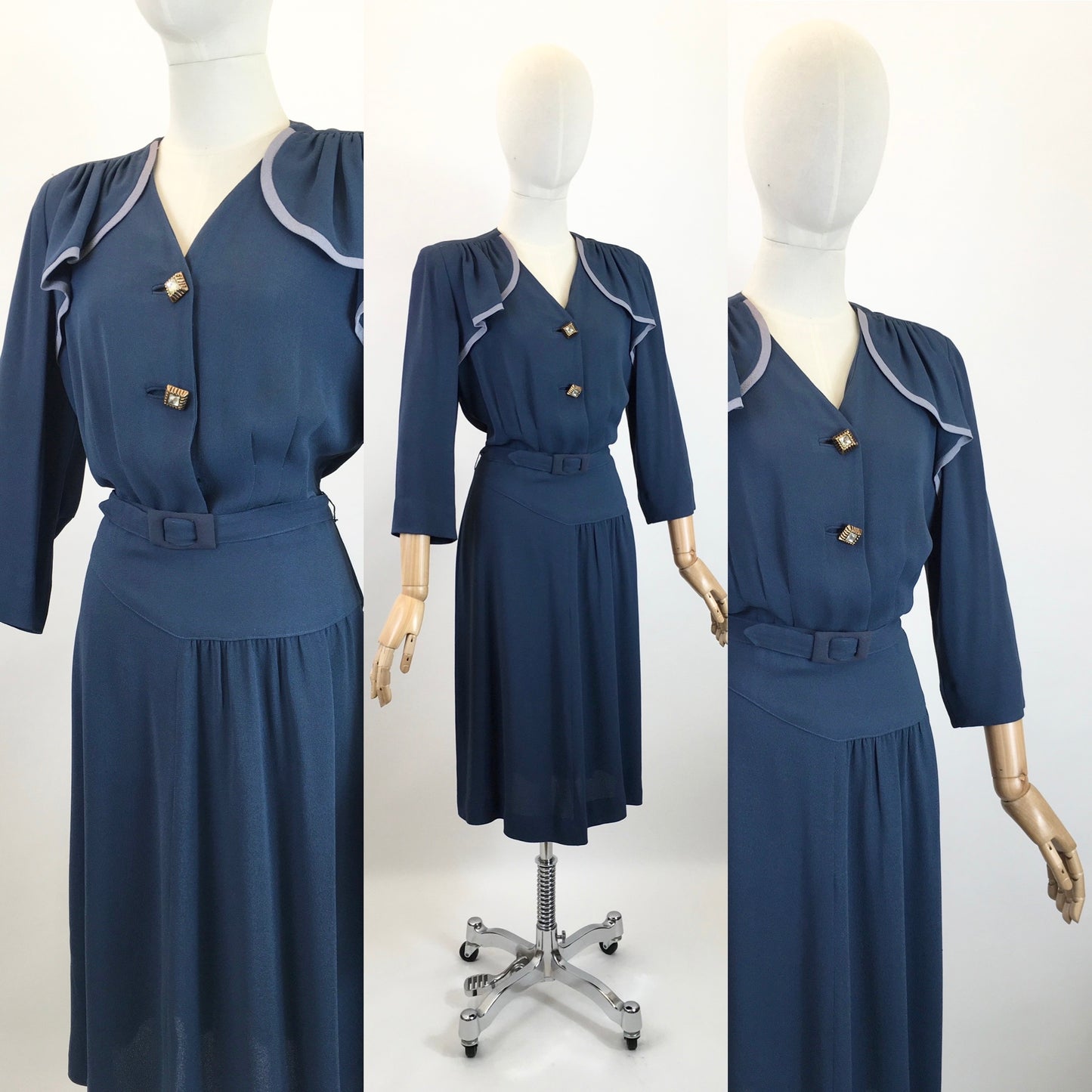 Original 1940's Sublime Two Tone Crepe Dress With Illusion Cape - In Contrast Airforce & Powder Blue
