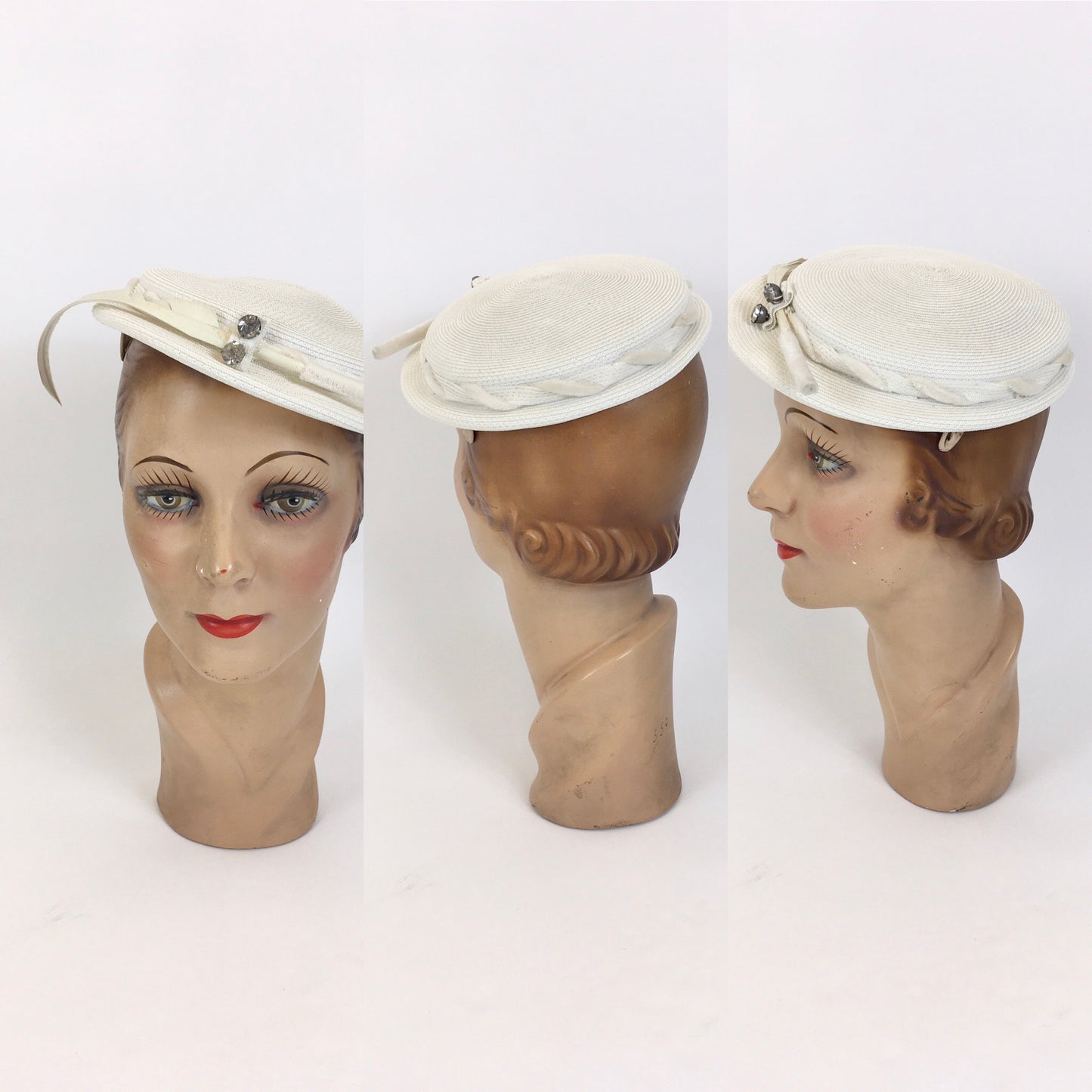 Original 1950's Darling White Straw Hat - With Feather Adornment and Velvet Plait Trim