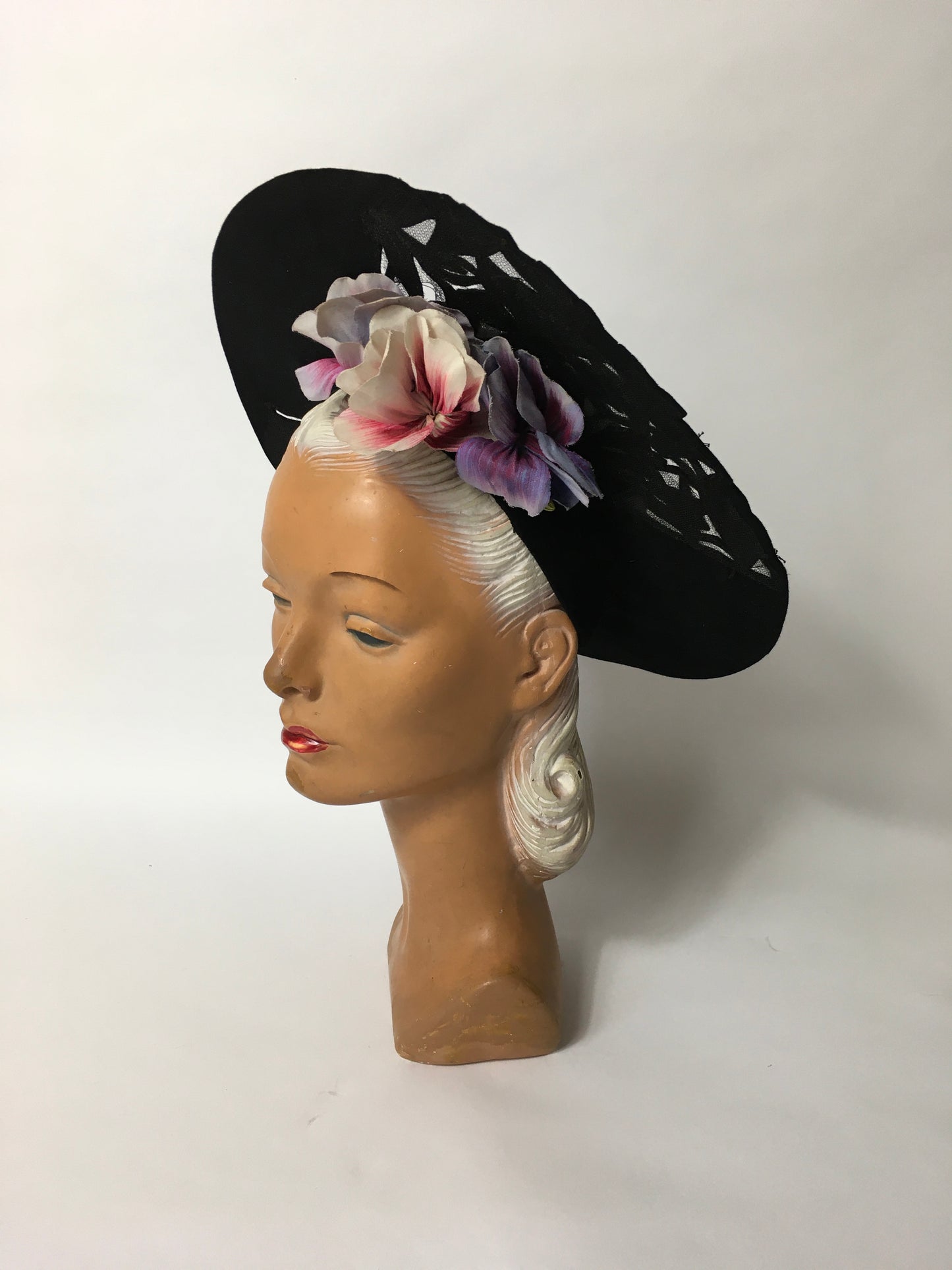 Original 1940’s Black Halo Hat - Illusion cutwork detailing and Floral Adornment