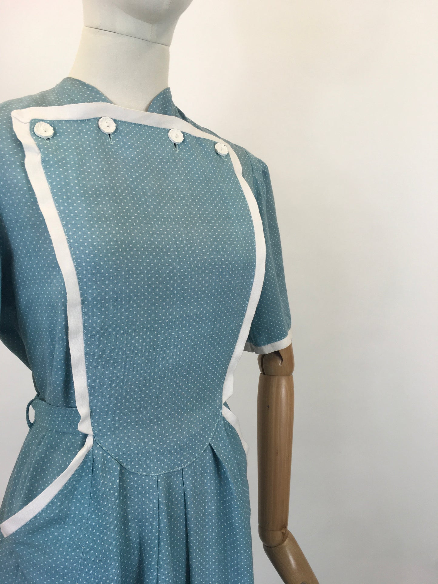 Original 1940's Stunning CC41 Utility Day Dress - In A Darling Duck Egg Blue Polka Dot