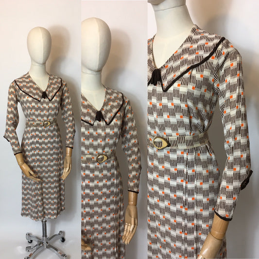 Original 1930’s Day Dress in an Amazing Geometric / Cigarette Print Dress in Browns, old Creams and deco Oranges - Festival Of Vintage Fashion Show Exclusive