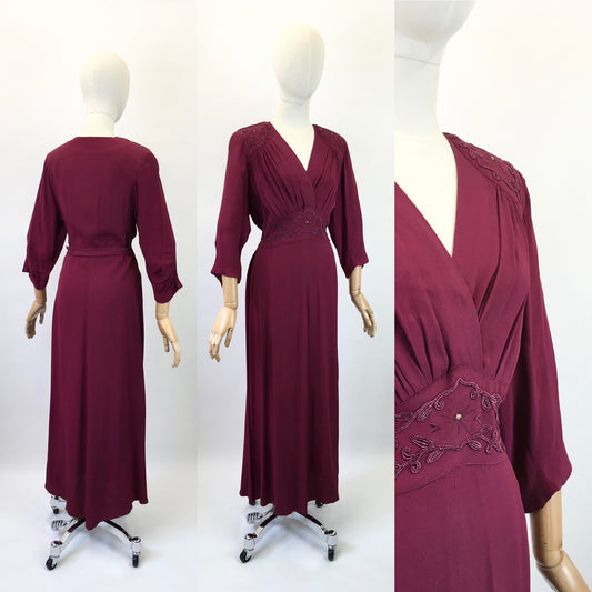 Original 1940's Sensational Evening Dress - In Deep Wine With Soutache Detailing