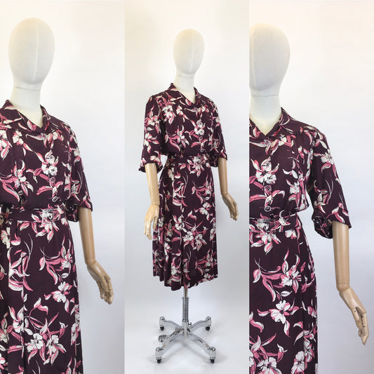 Original 1940’s Stunning Volup Rayon Dress - In A Winter Berry Floral