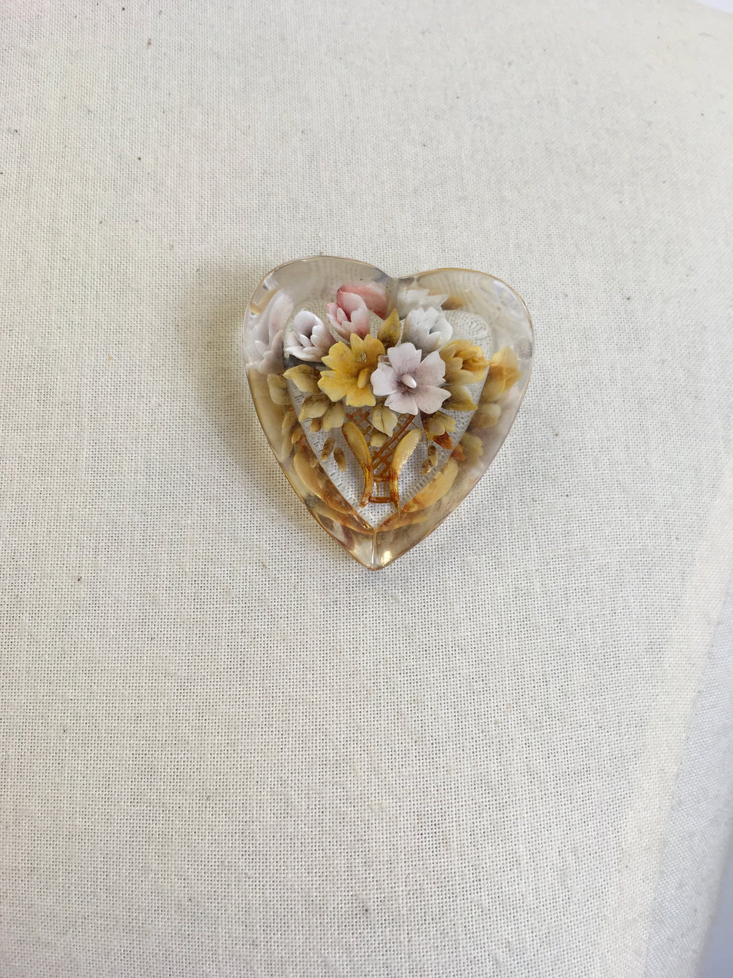 Original late 1940’s early 1950s Lucite Brooch - Heart shaped with a Floral Bouquet