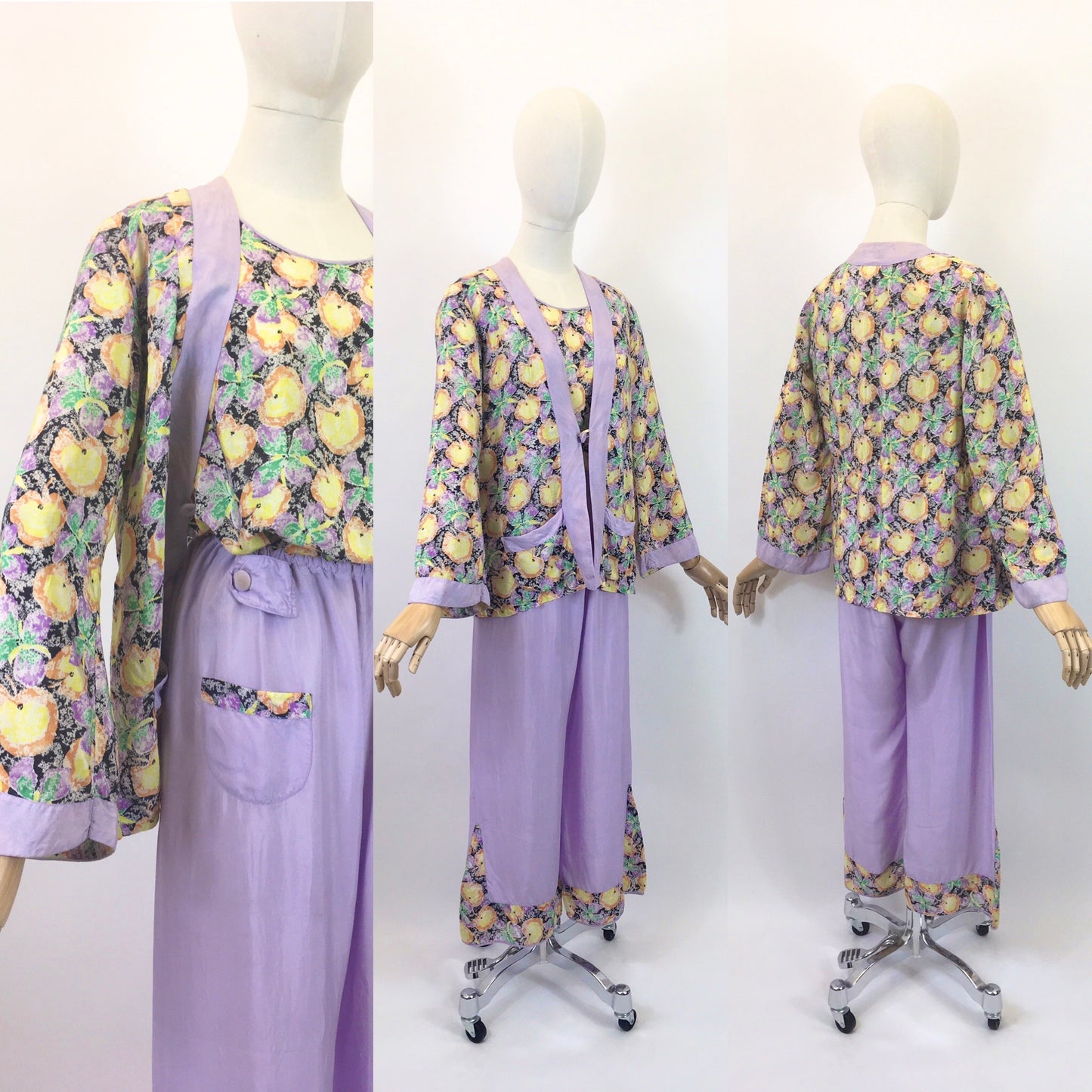 Original 1930’s Sublime 3pc Beach Pyjamas Set - In Powdered Lilac & Fruit Print Silk