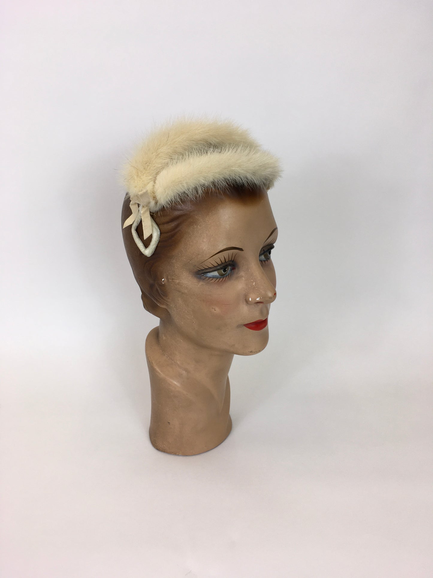 Original 1950’s Stunning Blonde Mink Headpiece - Covered In Cream Velvet