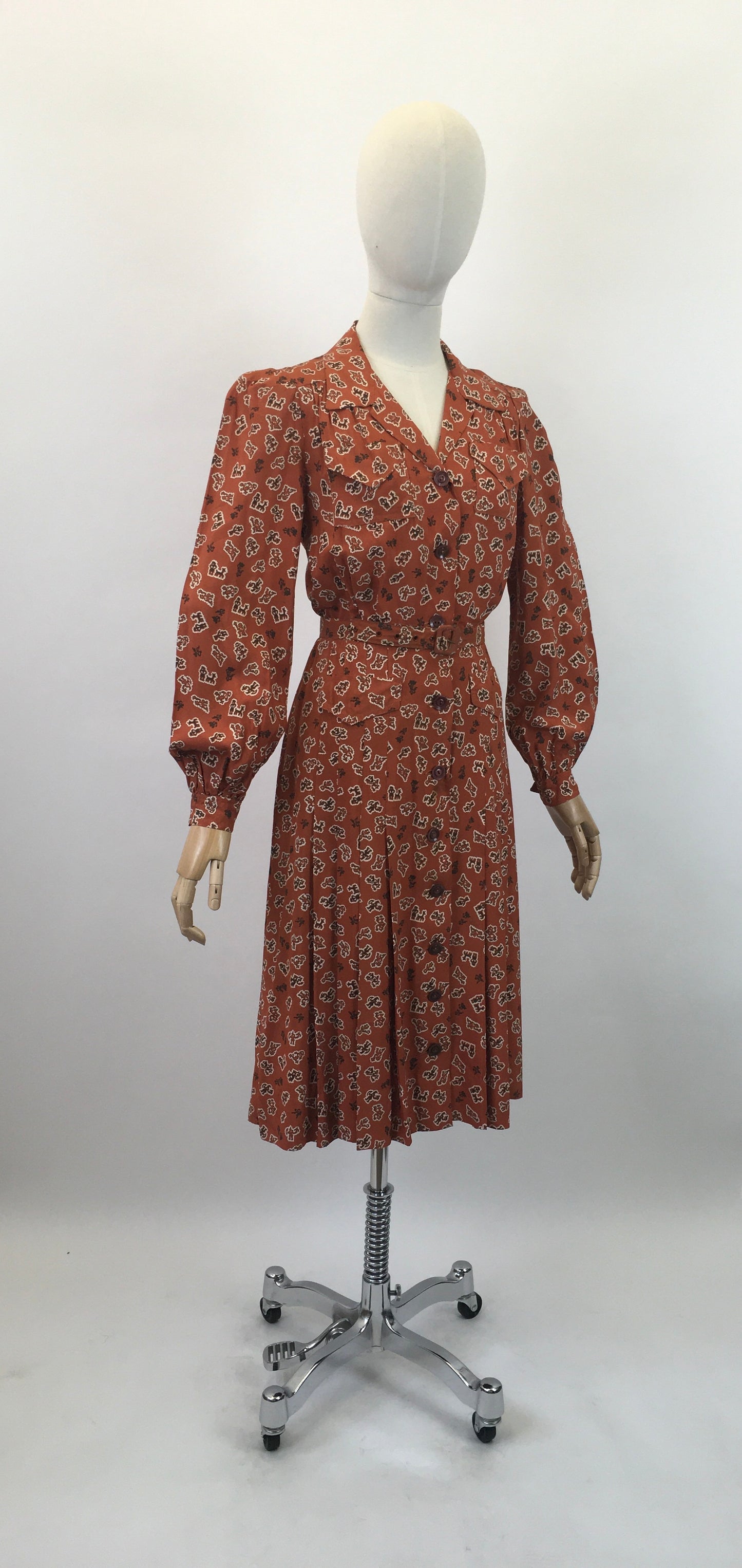 Original 1940's Gorgeous Novelty Print Dress - In A Cinnamon, Black and White Crepe De Chine