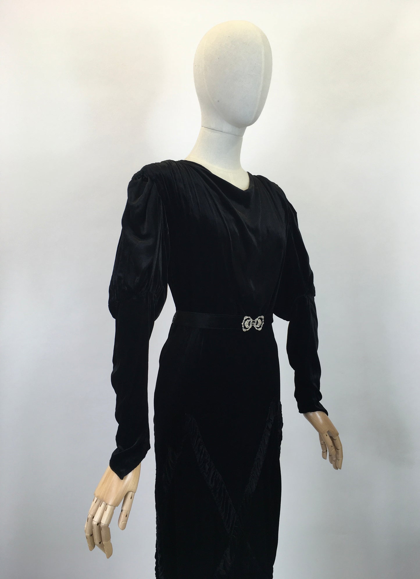 Original 1930's Divine Silk Velvet Evening Gown - With Exquisite Pleated Details and Art Deco Buckle