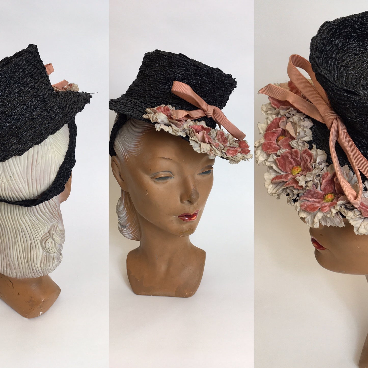 Original Stunning 1940’s Black Topper - Adorned with Pink & Grey Velvet Flowers & Leaves