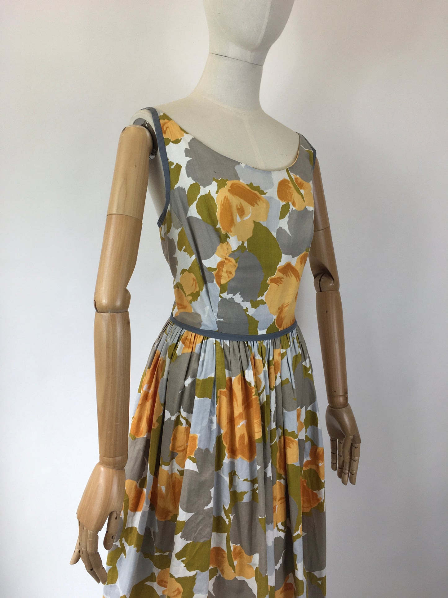 Original 1950's Darling Strappy Cotton Sun Dress - In Chartreuse, Grey, Taupe, Orange & white