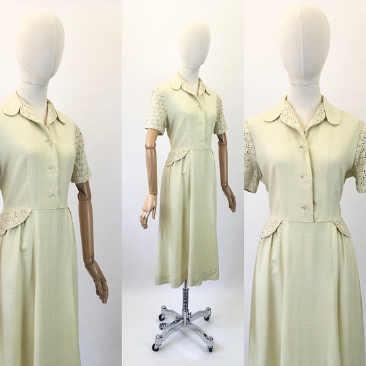 Original 1940's Stunning CC41 Moygashol Linen & Broderie Anglaise Dress - In A Divine Pale Lime