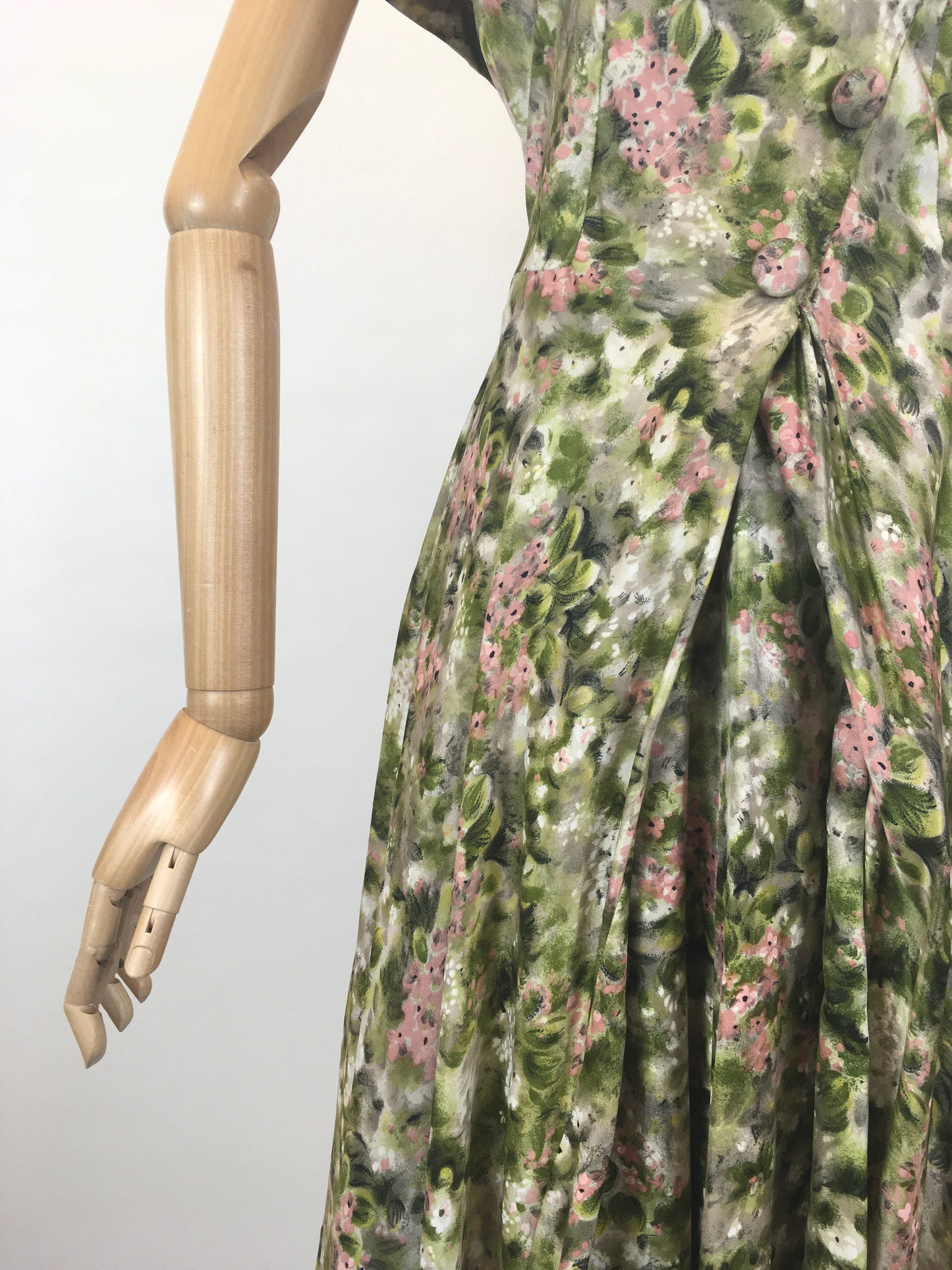 Original 1950’s Stunning Silk Party Frock - In A Beautiful Pink & Green Floral