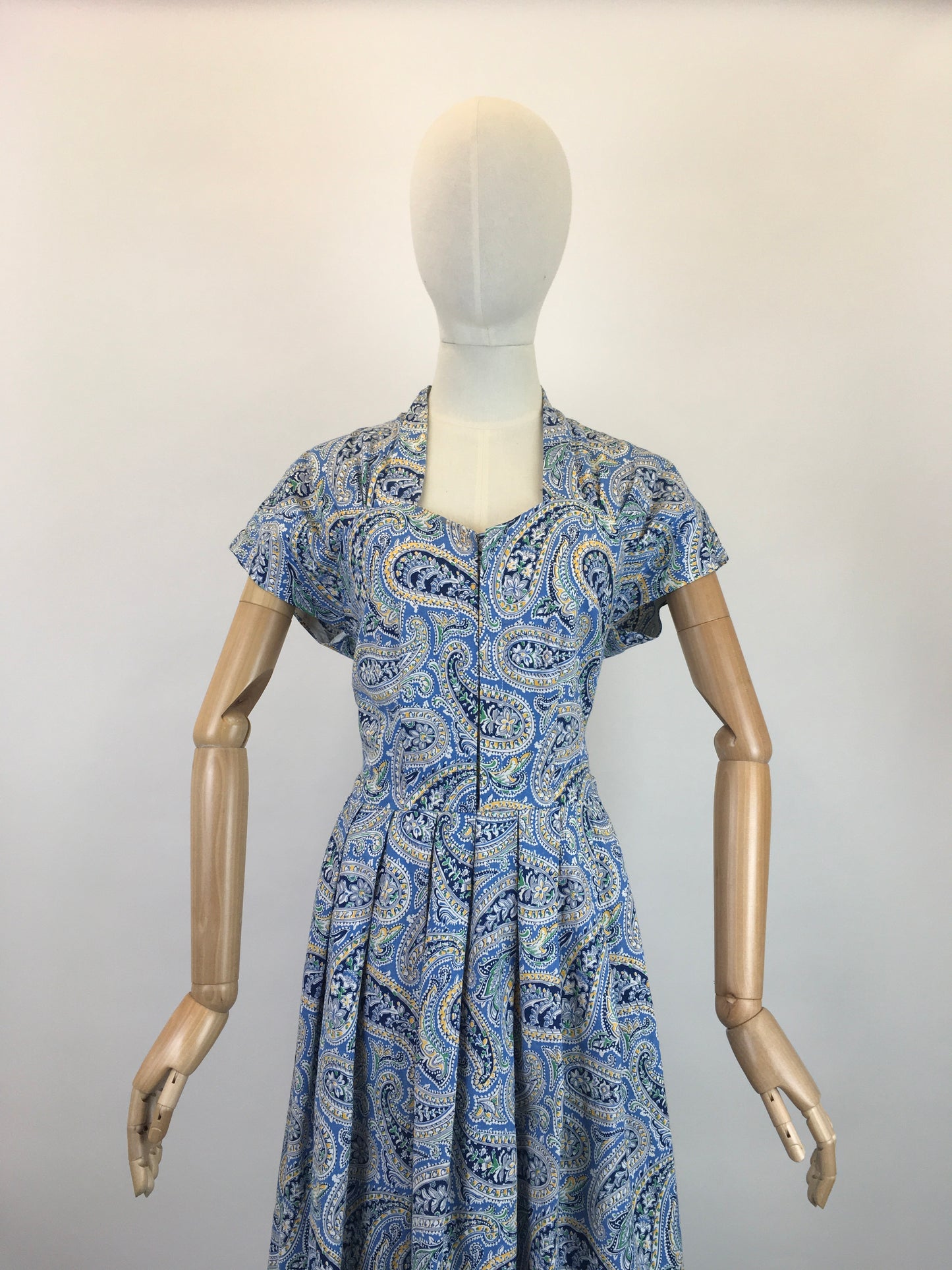 Original Late 1940’s Early 1950’s Cotton Day Dress - In A Paisley Print in Powder Blue, Navy, Yellow and Bottle Green