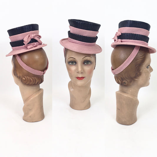 Original 1940's SENSATIONAL American Toy Topper Tilt Hat - In Black with Powered Rose