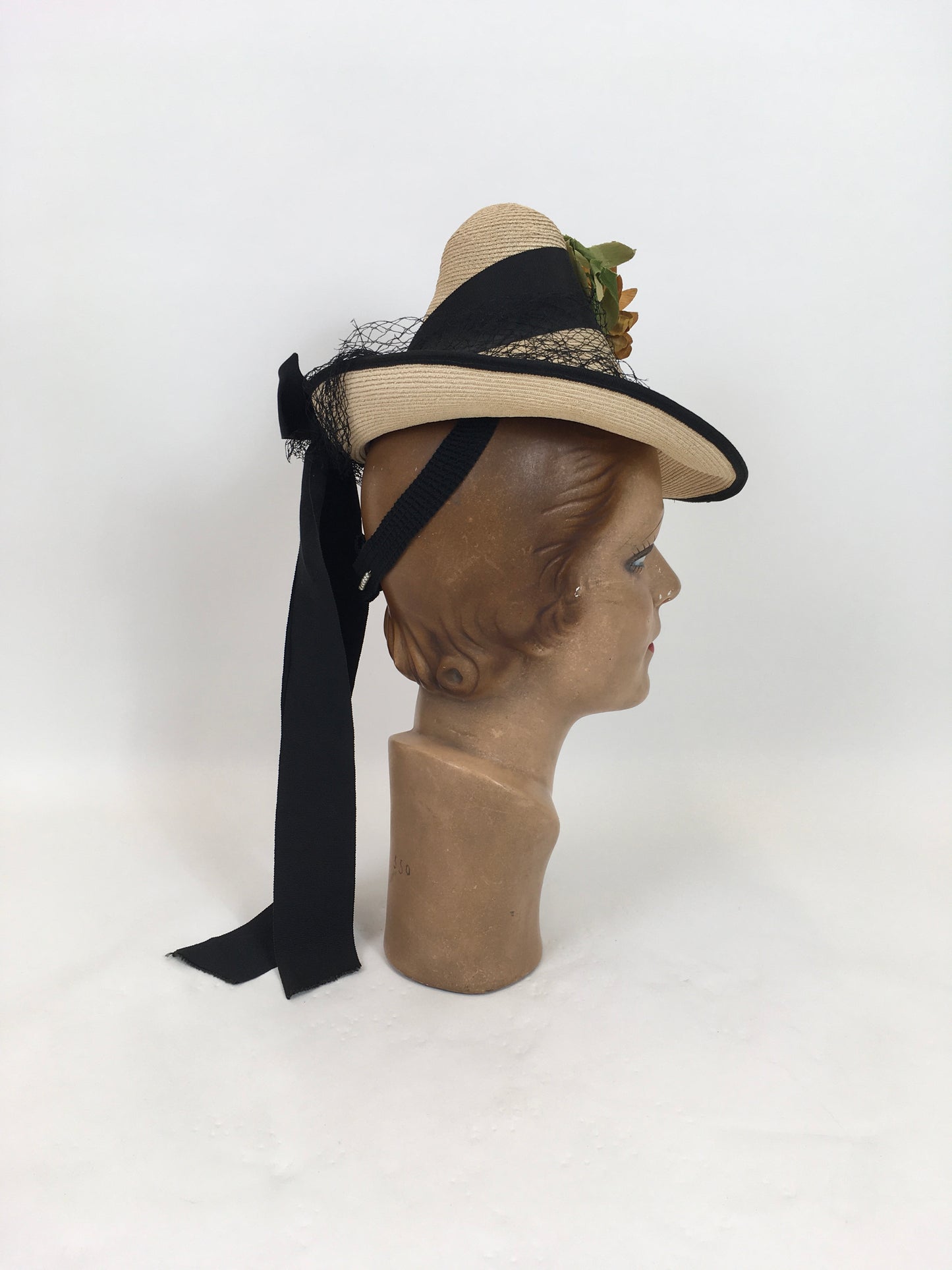 Original 1940's Sensational Natural Funnel Topper - With Floral Millinery, Veiling and Tails