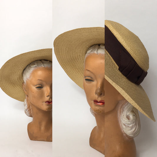 Original 1930’s Straw Hat with Brown Grosgrain Ribbon Trim - A Festival Of Vintage Fashion Show Exclusive