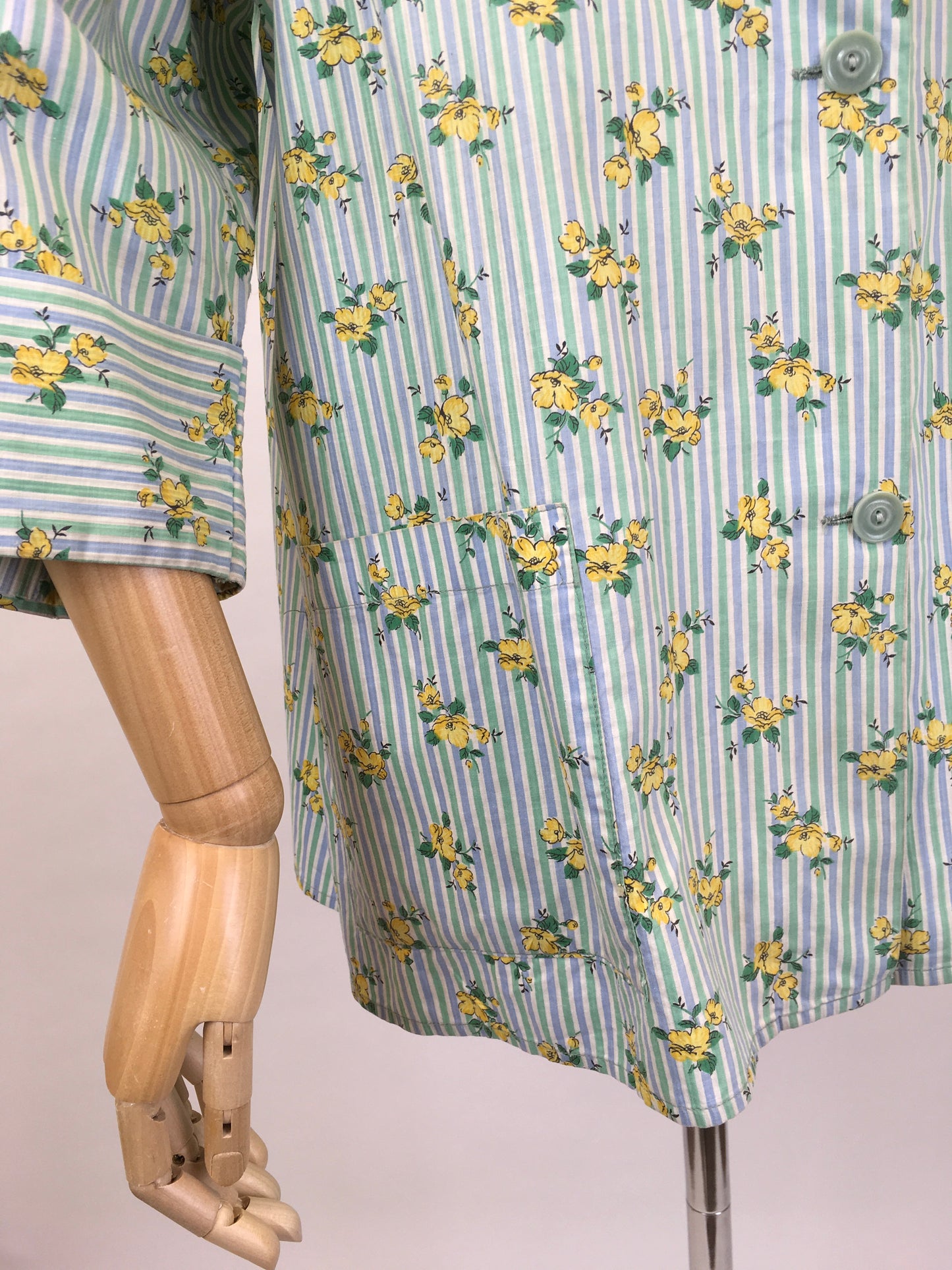 Original 1950s Smock Made By ‘ Country Reg’d ‘ - In a Lovely Contrast Floral and Stripe in Soft Greens, Blues and Buttercup Yellows