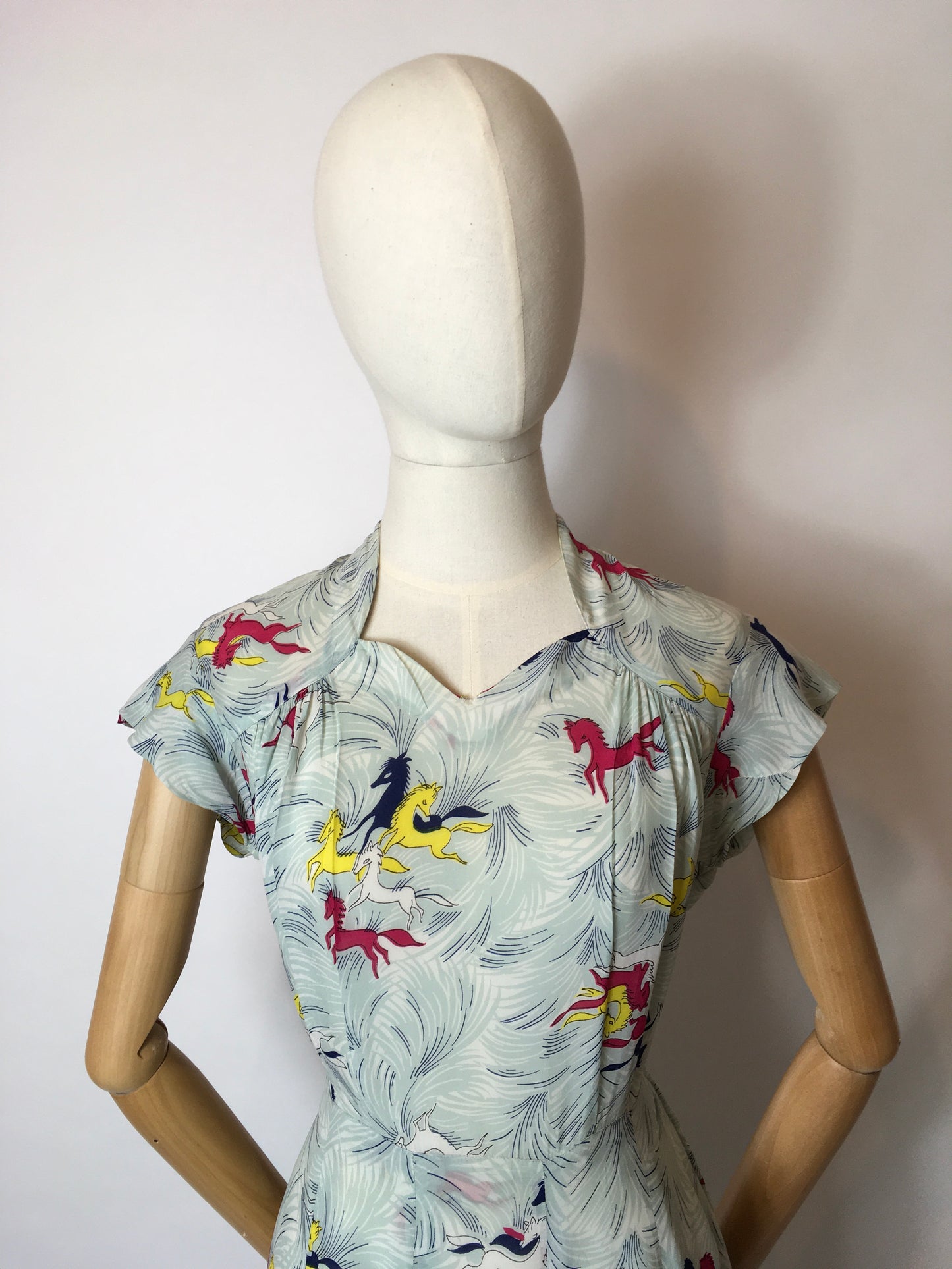 Original 1940’s Dancing Horses Print Dress - In a lovely Sheer Rayon Fabric