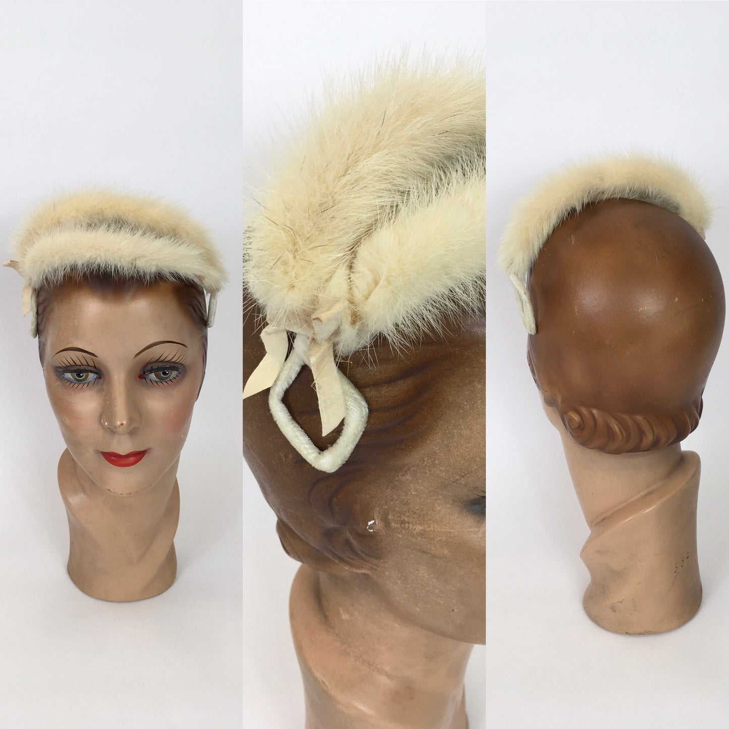 Original 1950’s Stunning Blonde Mink Headpiece - Covered In Cream Velvet