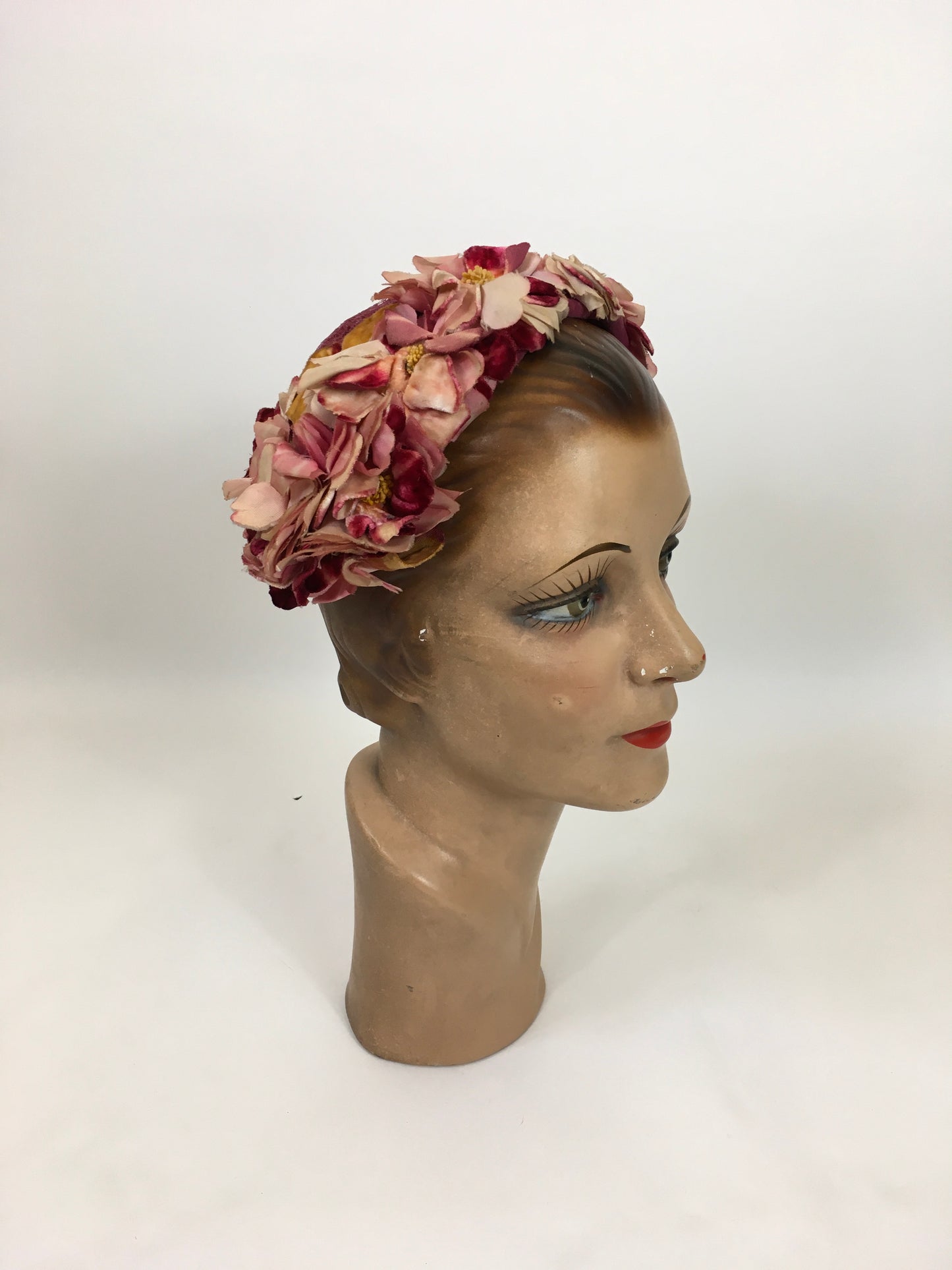 Original 1950’s Darling Floral Headpiece - In Pinks, Berries and Cranberries