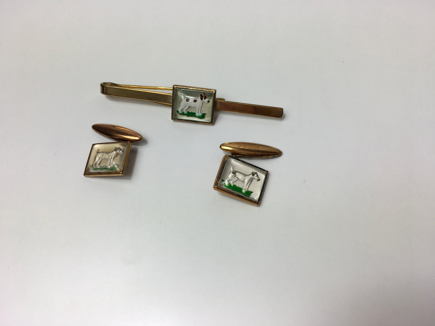 Original Gents Tie Pin and Cufflinks Set - With a Lovely Terrier Dog Motif in a Patch of Grass