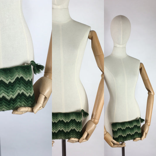 Original 1930s Clutch Bag - In a Lovely Wool in Tones of Green with A Chevron Pattern