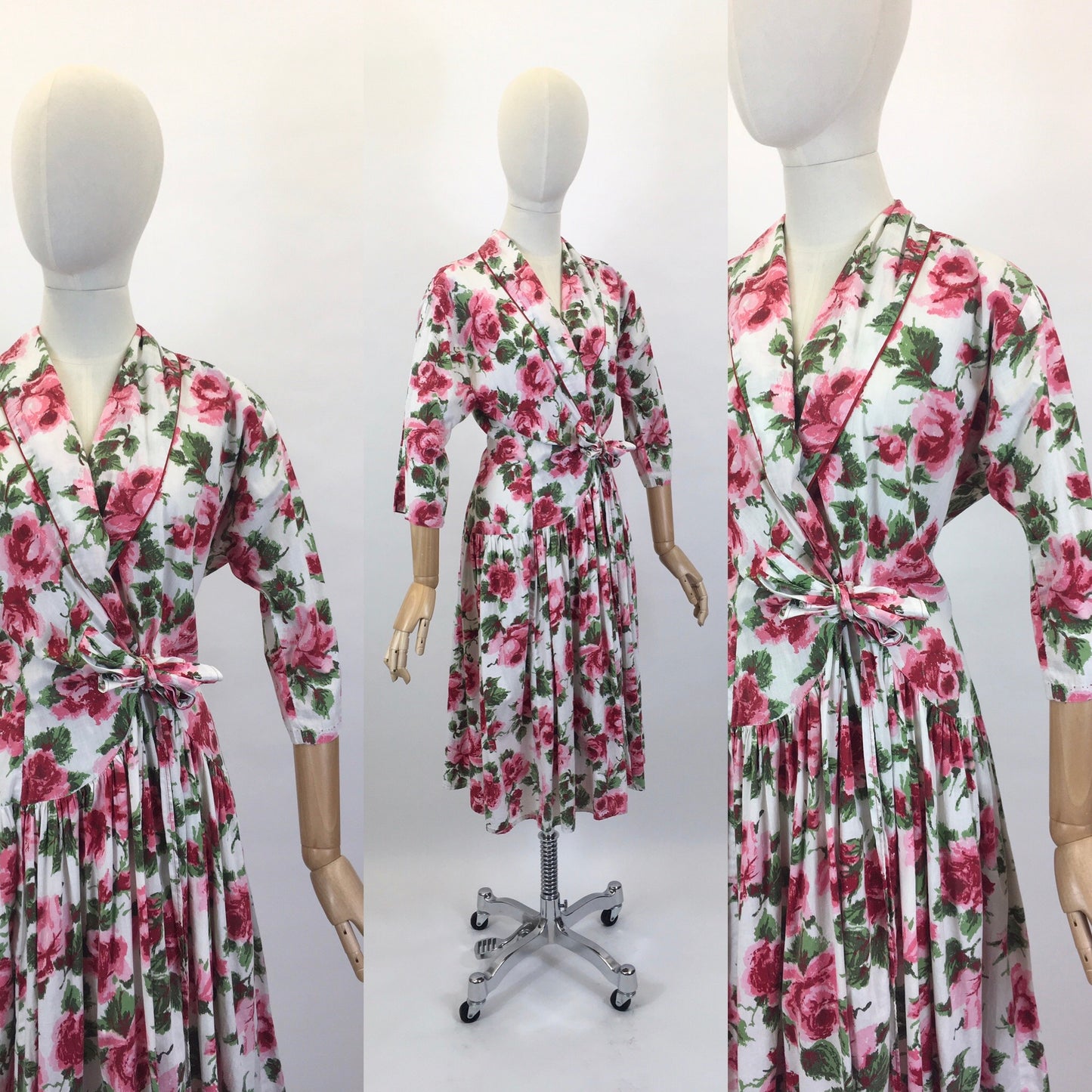 Original 1950’s Darling Wraparound House Dress in A Pink Rose Print - ‘ A Kitchen Formal ‘