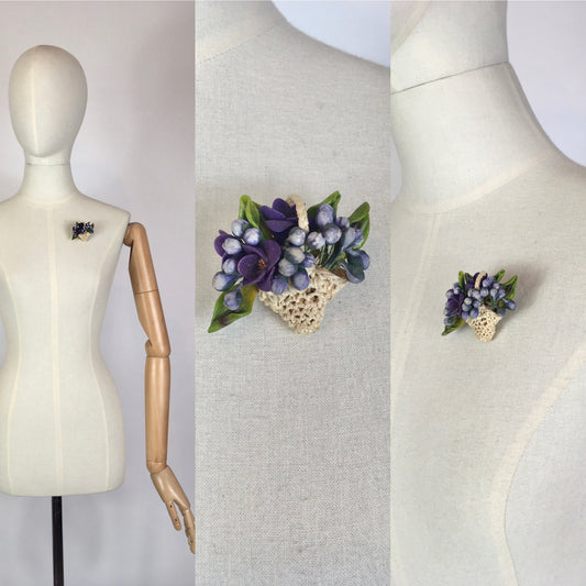 Original 1940’s Basket Brooch With Floral Bouquet - In A Stunning Range of Purples, Straw & Green