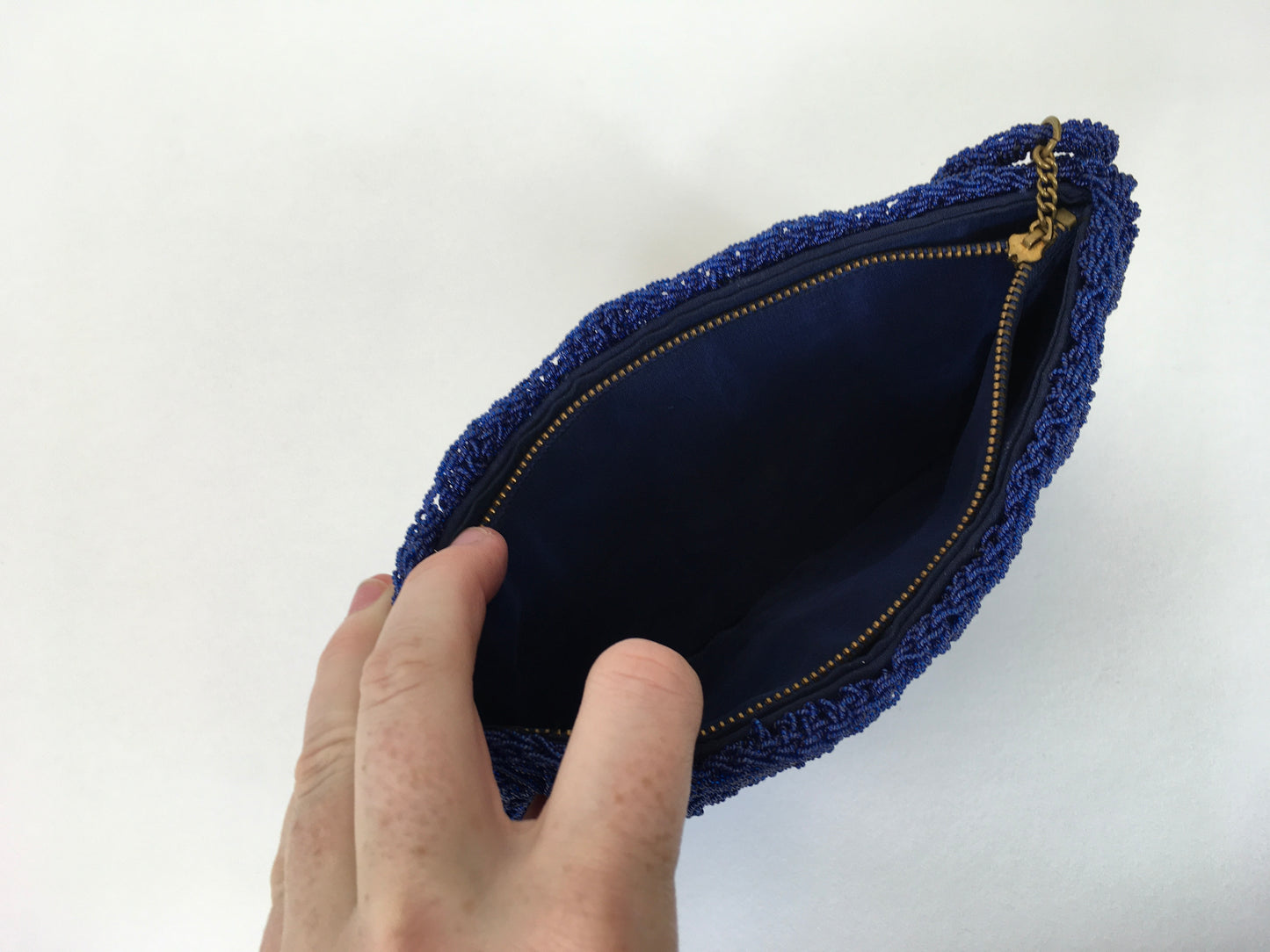 Original 1950’s Royal Blue Beaded Plastic Clutch - With Matching Circular Pull